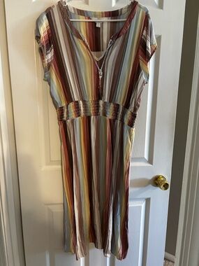 Market & Spruce Multi-Stripe V-Neck Midi Dress in Rust, Mustard & Blue